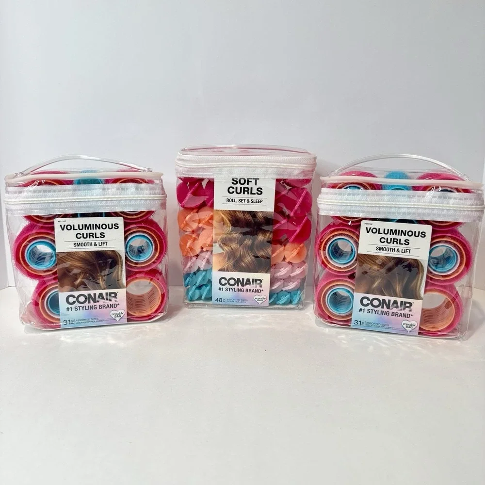 Lot 3 Conair Hair Rollers Voluminous Curls Soft Curls Assorted Sizes New w/ Bag
